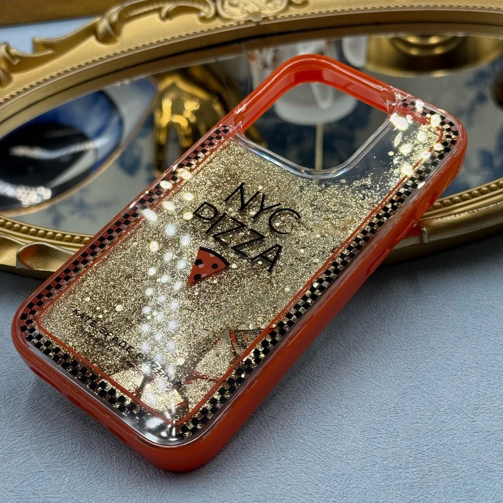 🆕 KATE SPADE NEW YORK 🧿 NWOT Pizza Box iPhone 14 Pro Case, Orange Glitter